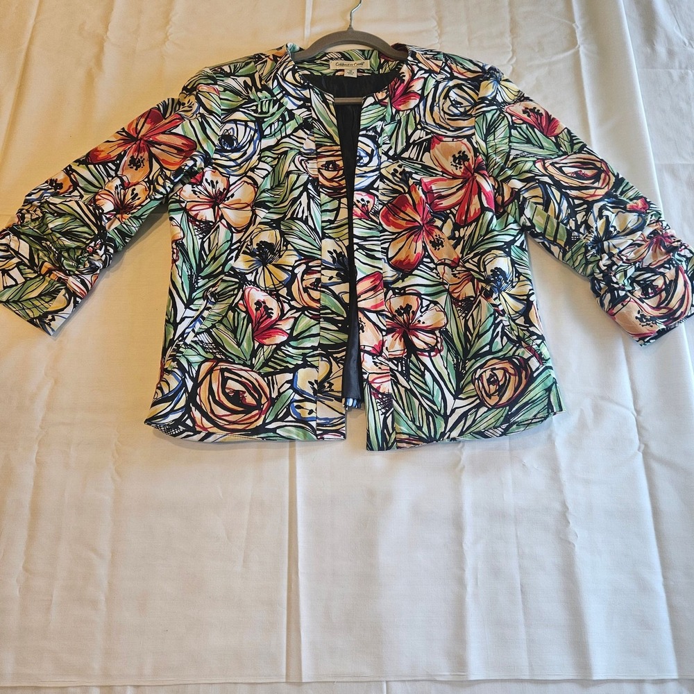 Coldwater Creek Vibrant Multicolor Abstract Floral Open Front‎ Lined Jacket 10